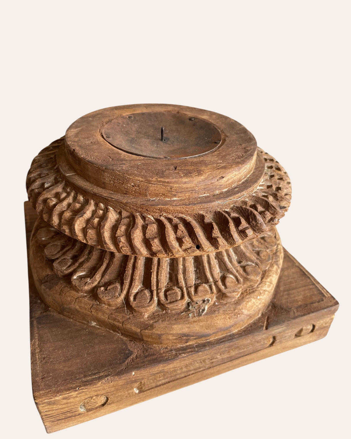vintage gujarat hand-carved round pillar base candle holder
