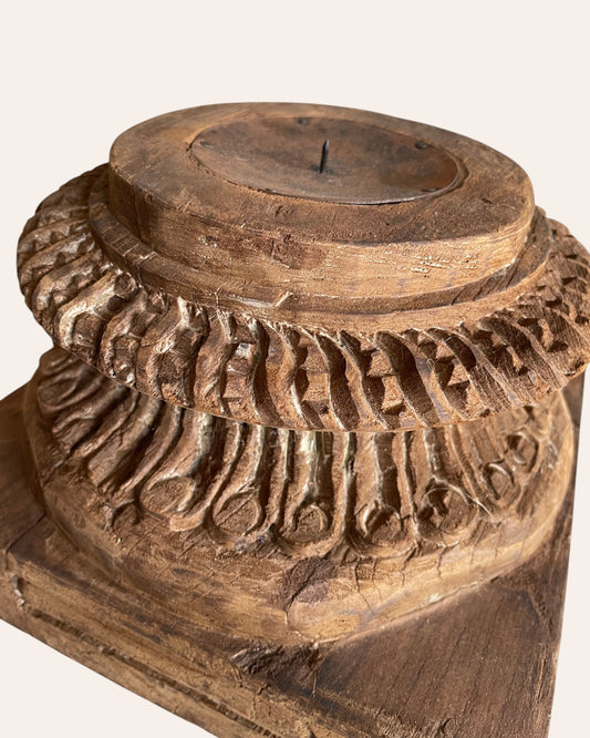Vintage Gujarat Hand-Carved Round Pillar Base Candle Holder