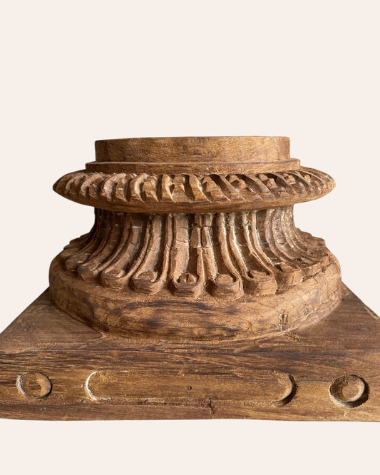 Vintage Gujarat Hand-Carved Round Pillar Base Candle Holder