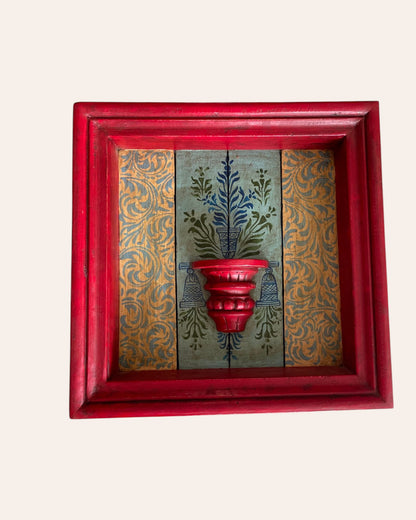 Vintage Hand-Painted Floral Wooden Jharokha Frame with Small Shelf