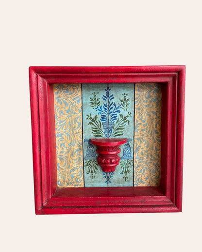 Vintage Hand-Painted Floral Wooden Jharokha Frame with Small Shelf