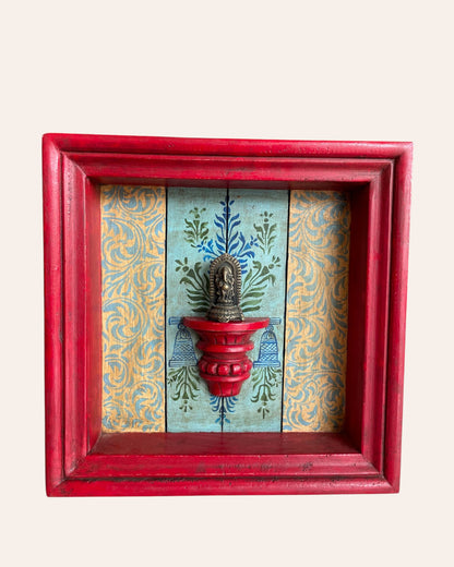 Vintage Hand-Painted Floral Wooden Jharokha Frame with Small Shelf