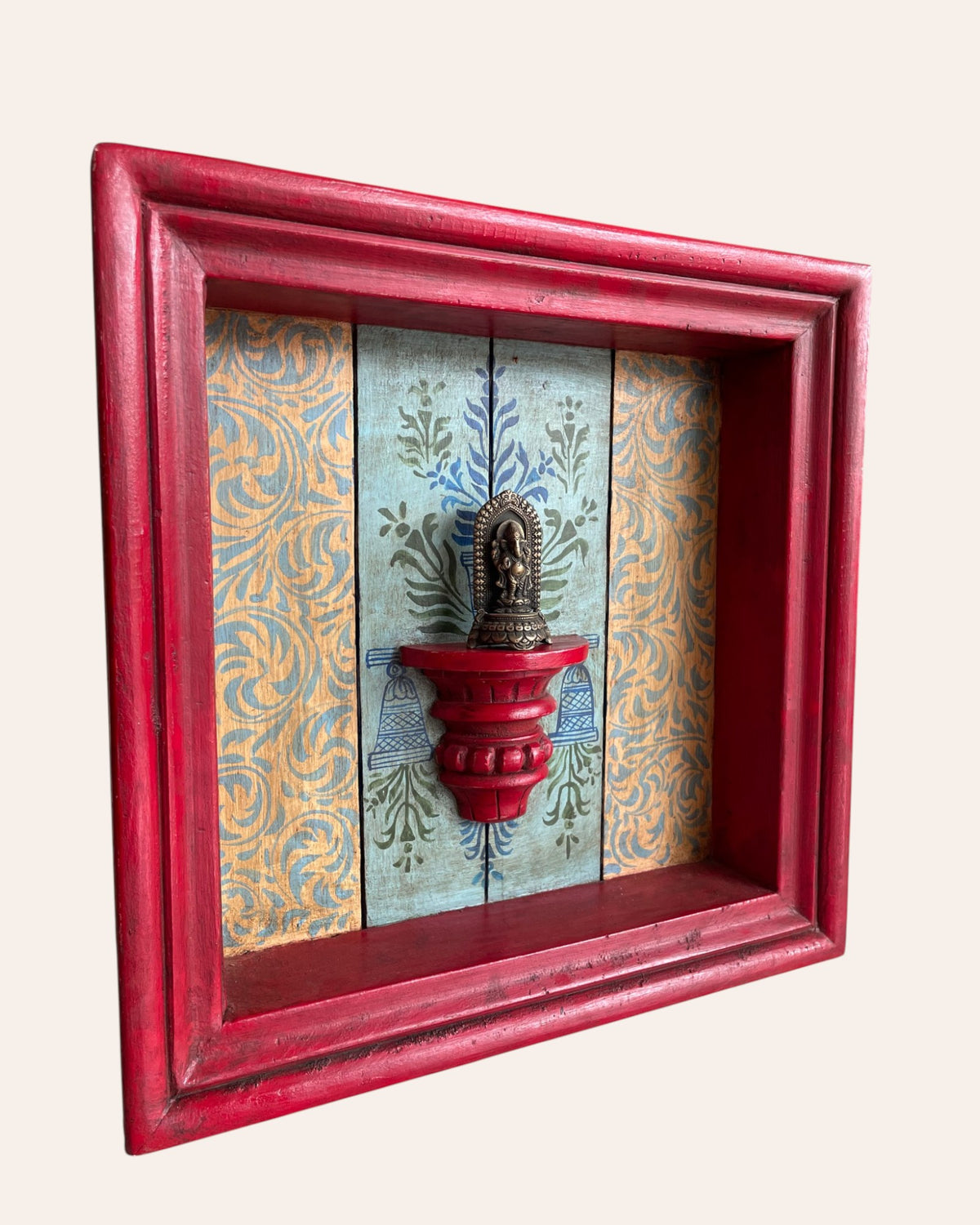 vintage hand-painted floral wooden jharokha frame with small shelf