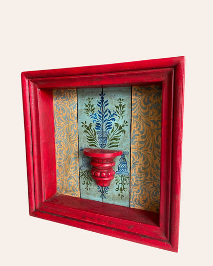 Vintage Hand-Painted Floral Wooden Jharokha Frame with Small Shelf