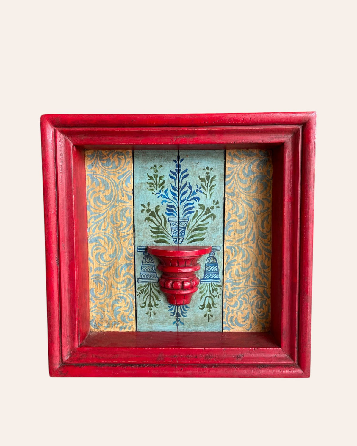 vintage hand-painted floral wooden jharokha frame with small shelf