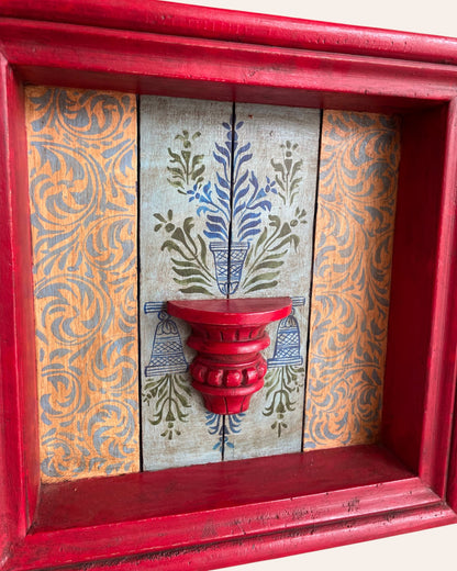Vintage Hand-Painted Floral Wooden Jharokha Frame with Small Shelf