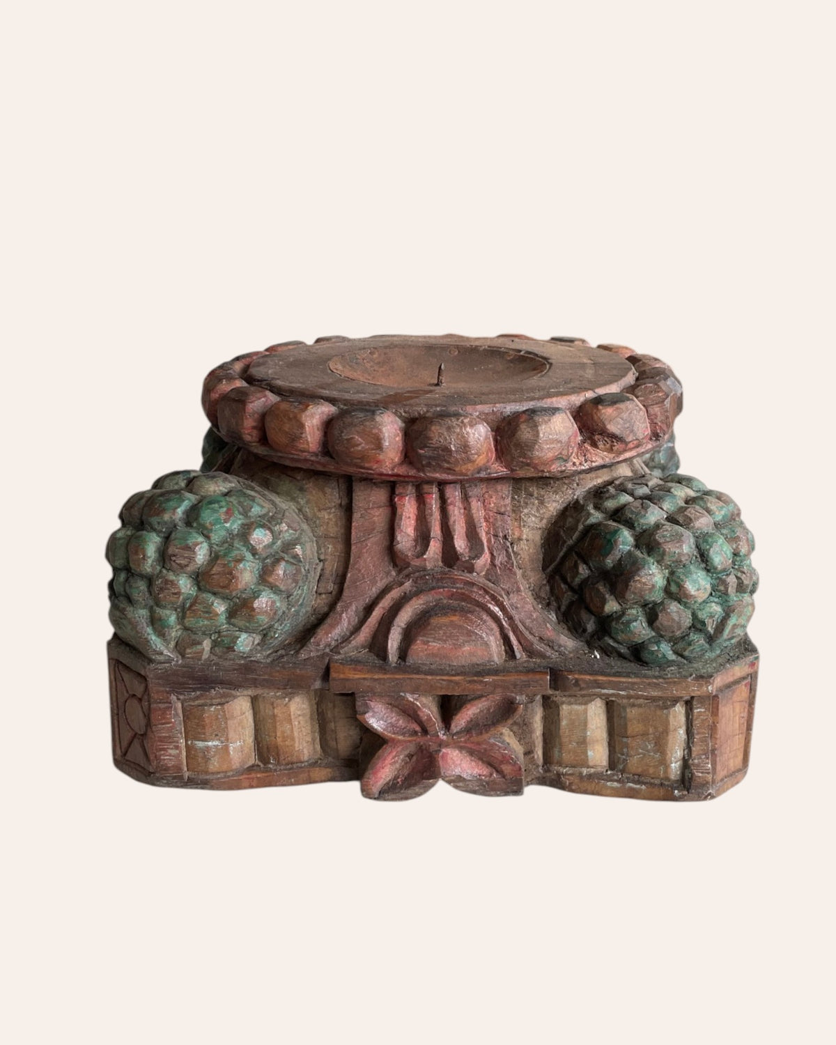 vintage hand-carved wooden pillar base candle holder