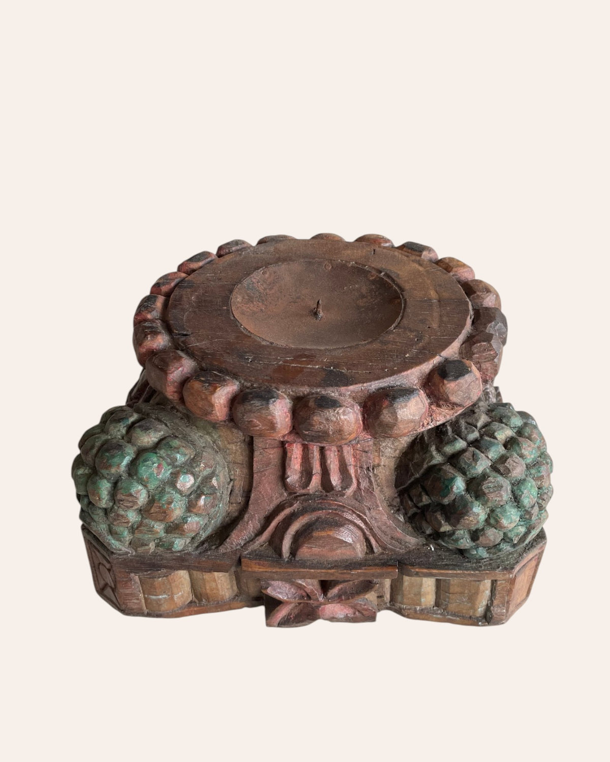 vintage hand-carved wooden pillar base candle holder