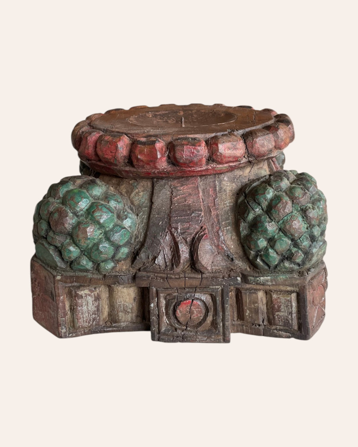 vintage hand-carved wooden pillar base candle holder