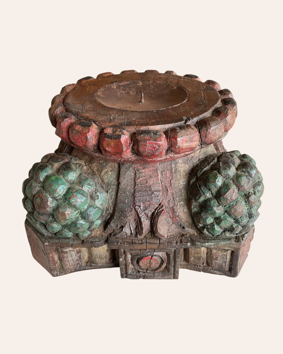 vintage hand-carved wooden pillar base candle holder