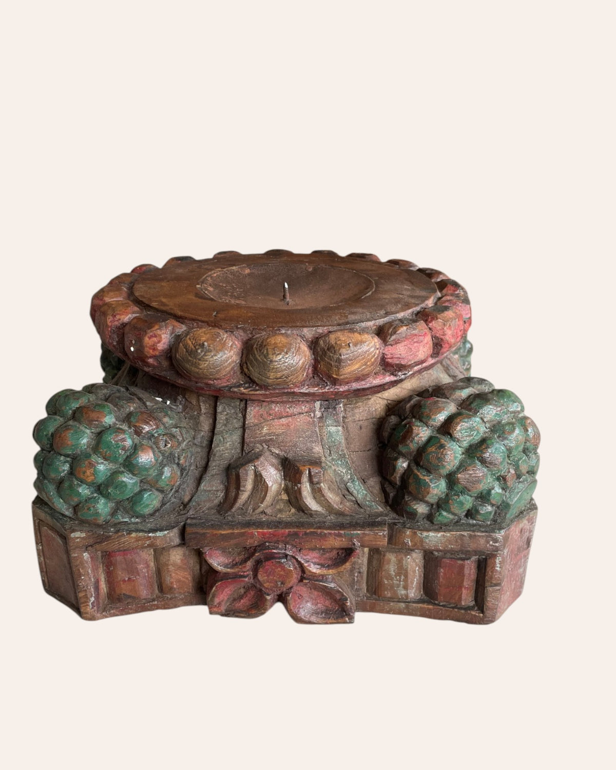 vintage hand-carved wooden pillar base candle holder