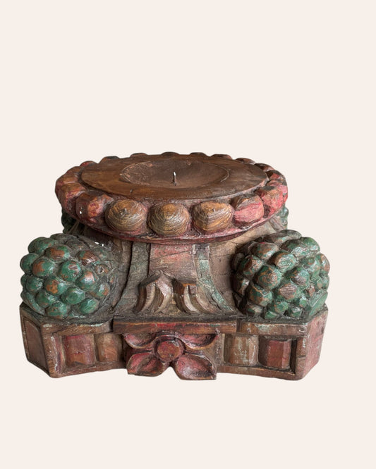 Vintage Hand-Carved Wooden Pillar Base Candle Holder