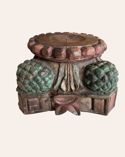 Vintage Hand-Carved Wooden Pillar Base Candle Holder