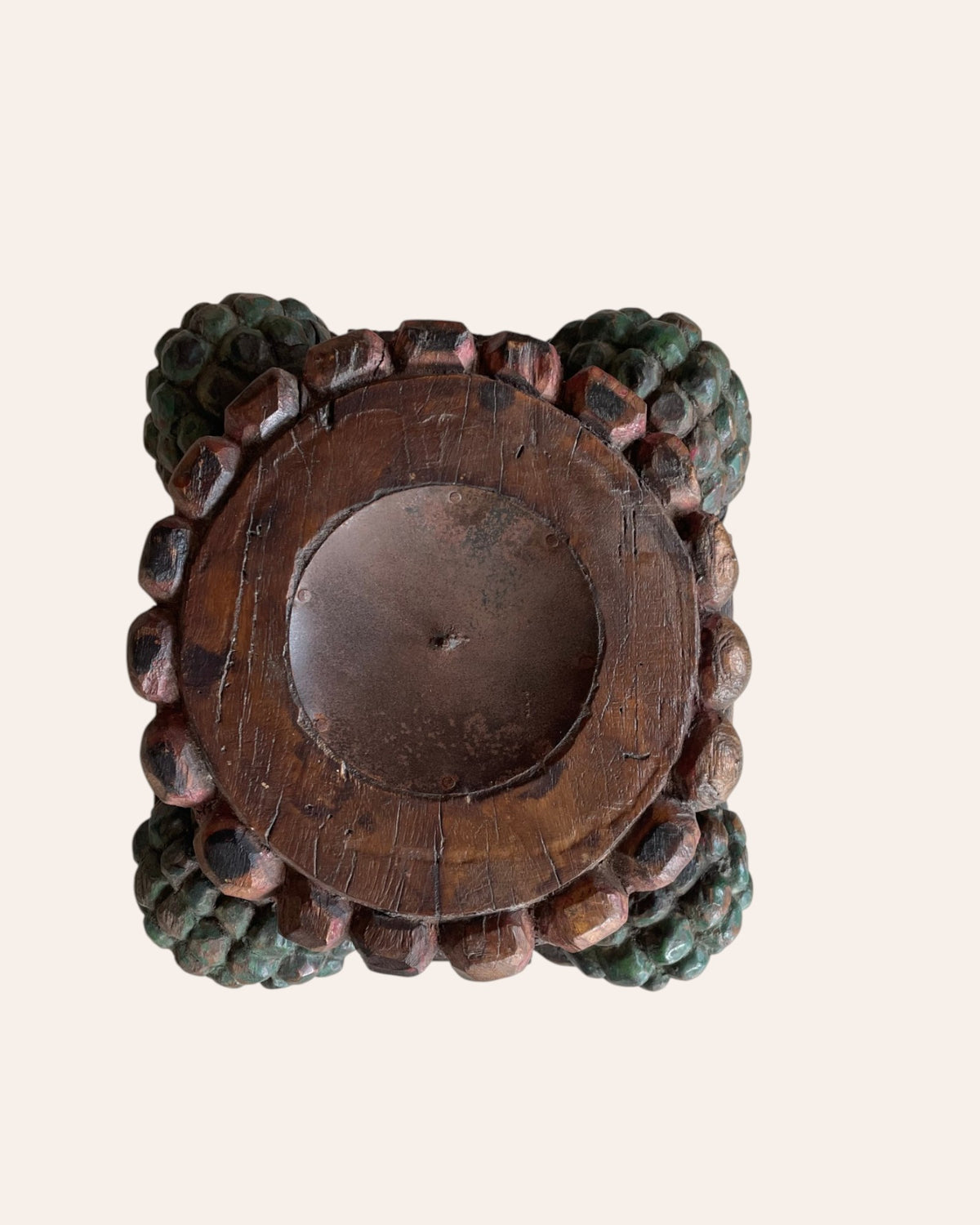 vintage hand-carved wooden pillar base candle holder