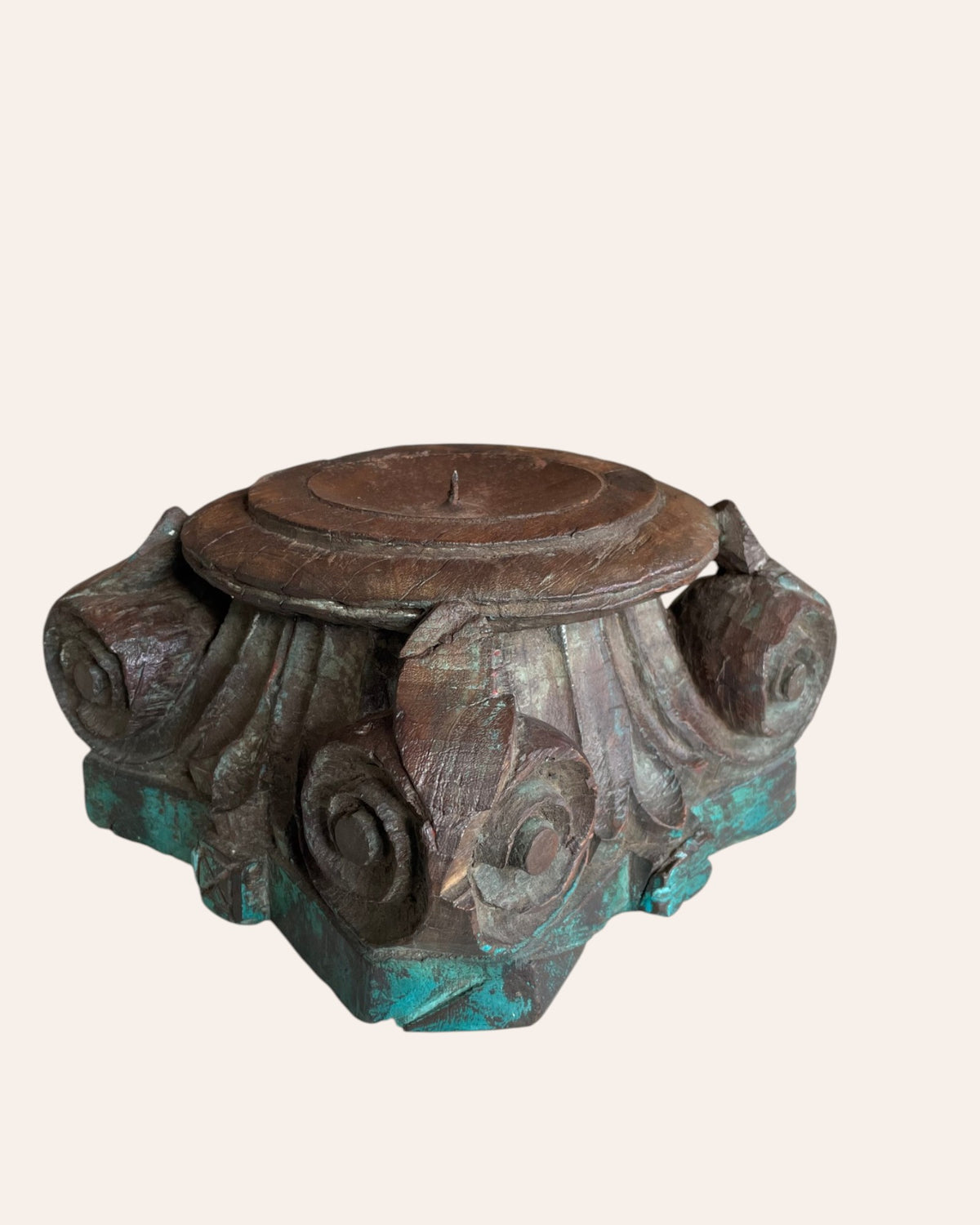 green distressed wooden pillar base candle holder / planter