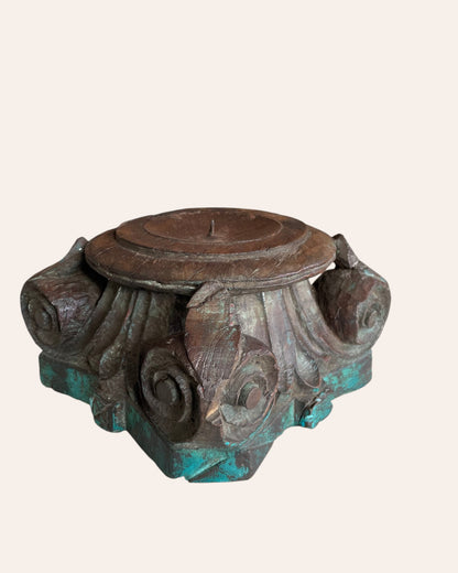 Green Distressed Wooden Pillar Base Candle Holder / Planter