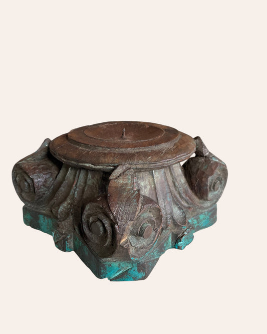 Green Distressed Wooden Pillar Base Candle Holder / Planter