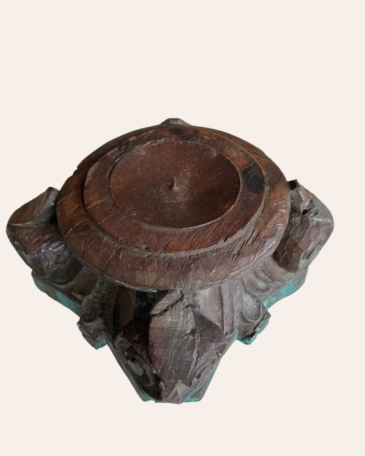 green distressed wooden pillar base candle holder / planter
