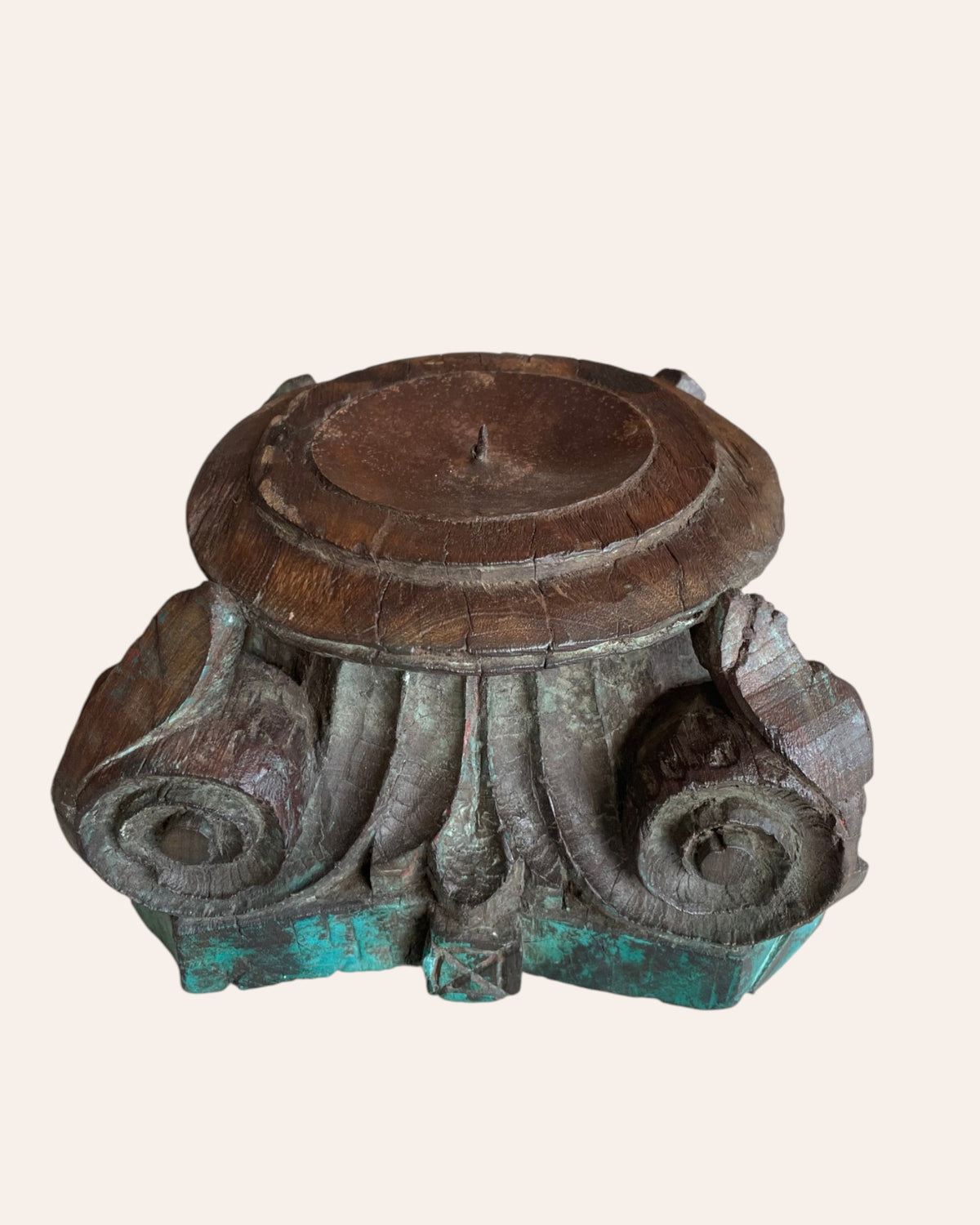 green distressed wooden pillar base candle holder / planter