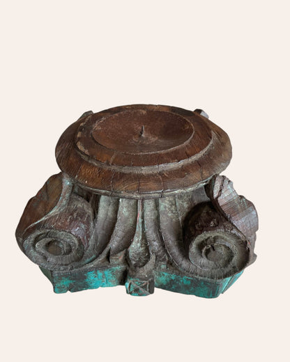Green Distressed Wooden Pillar Base Candle Holder / Planter