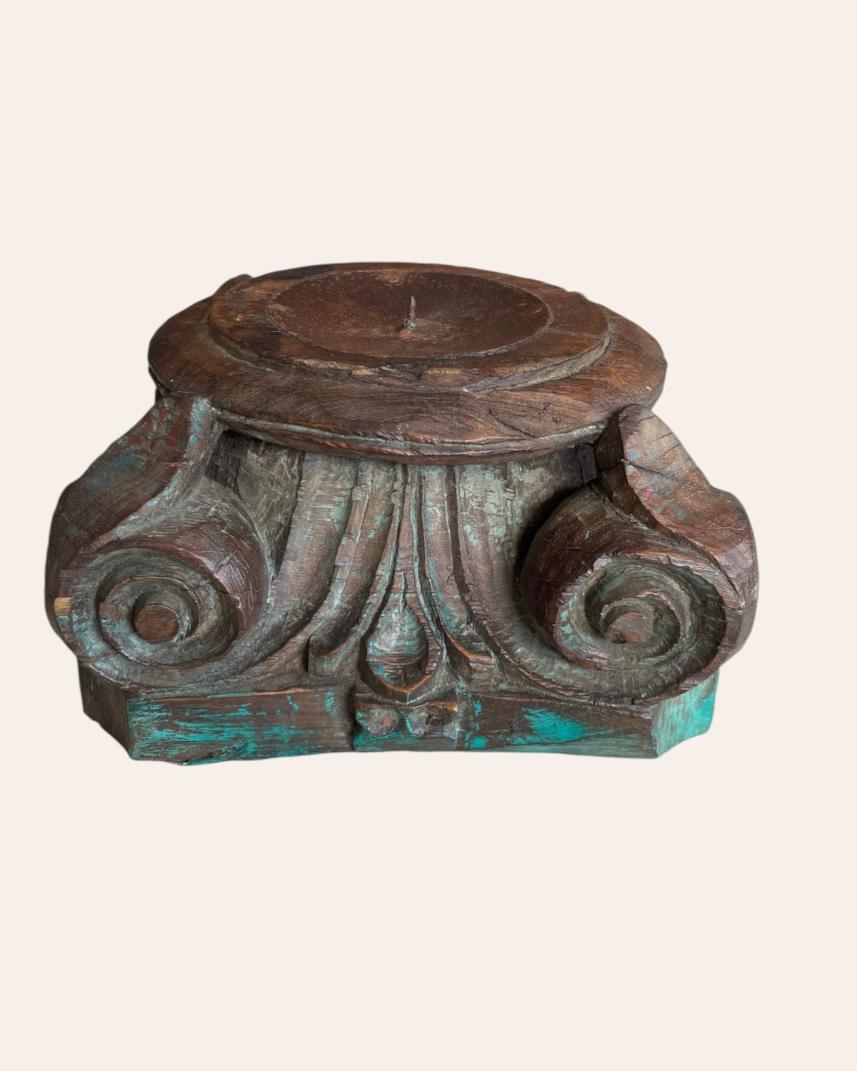 green distressed wooden pillar base candle holder / planter