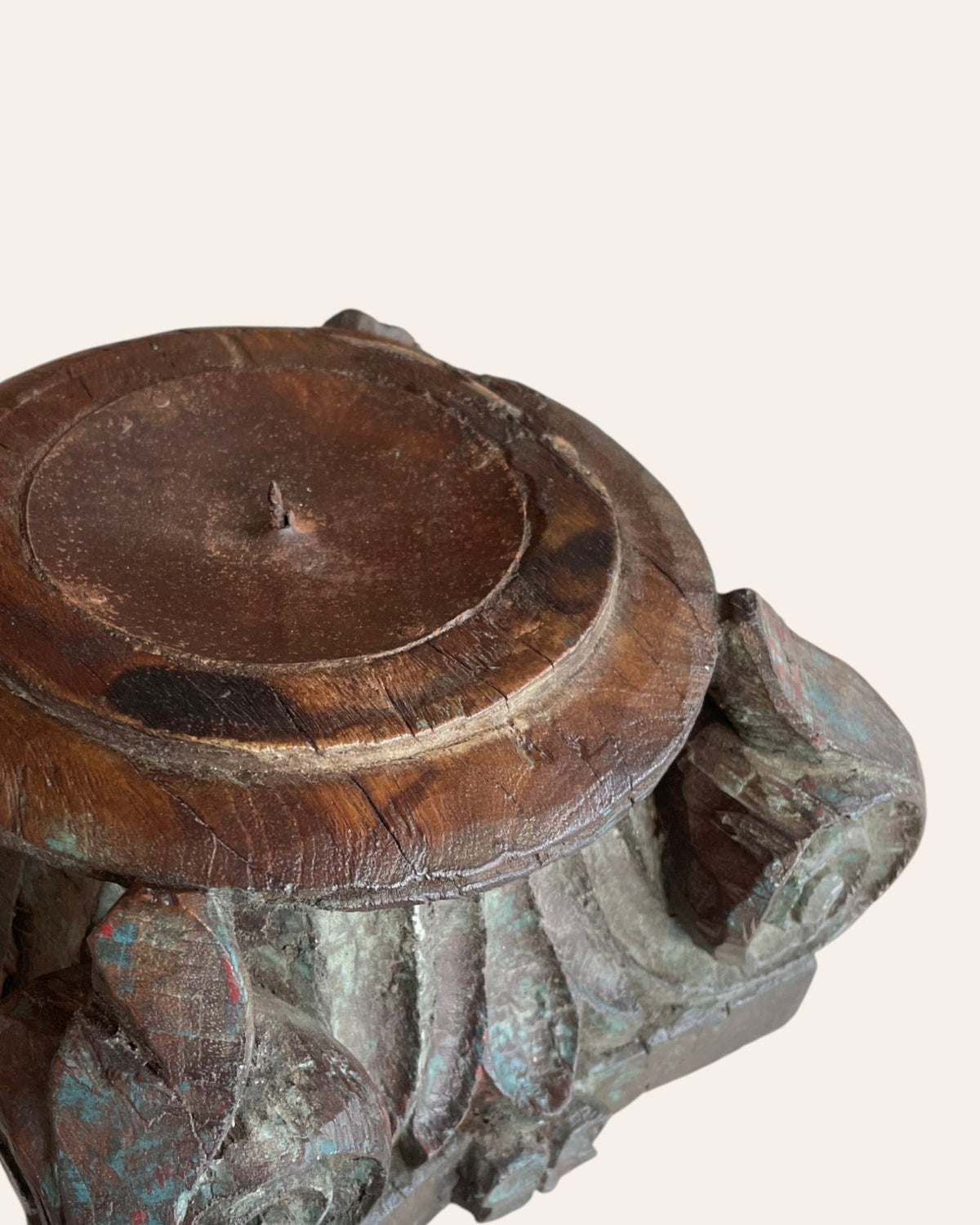 green distressed wooden pillar base candle holder / planter