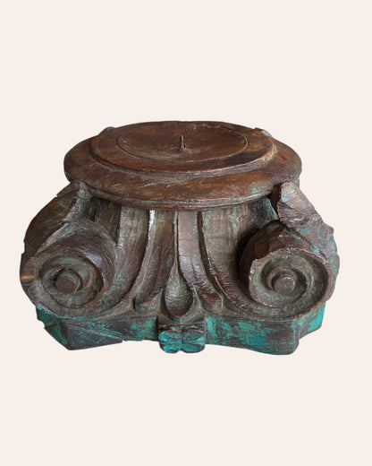 Green Distressed Wooden Pillar Base Candle Holder / Planter