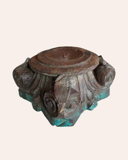 Green Distressed Wooden Pillar Base Candle Holder / Planter