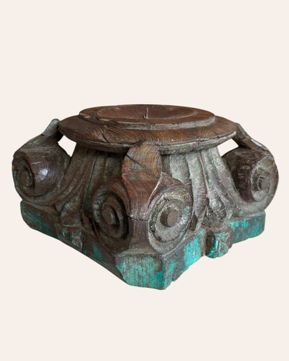 Green Distressed Wooden Pillar Base Candle Holder / Planter