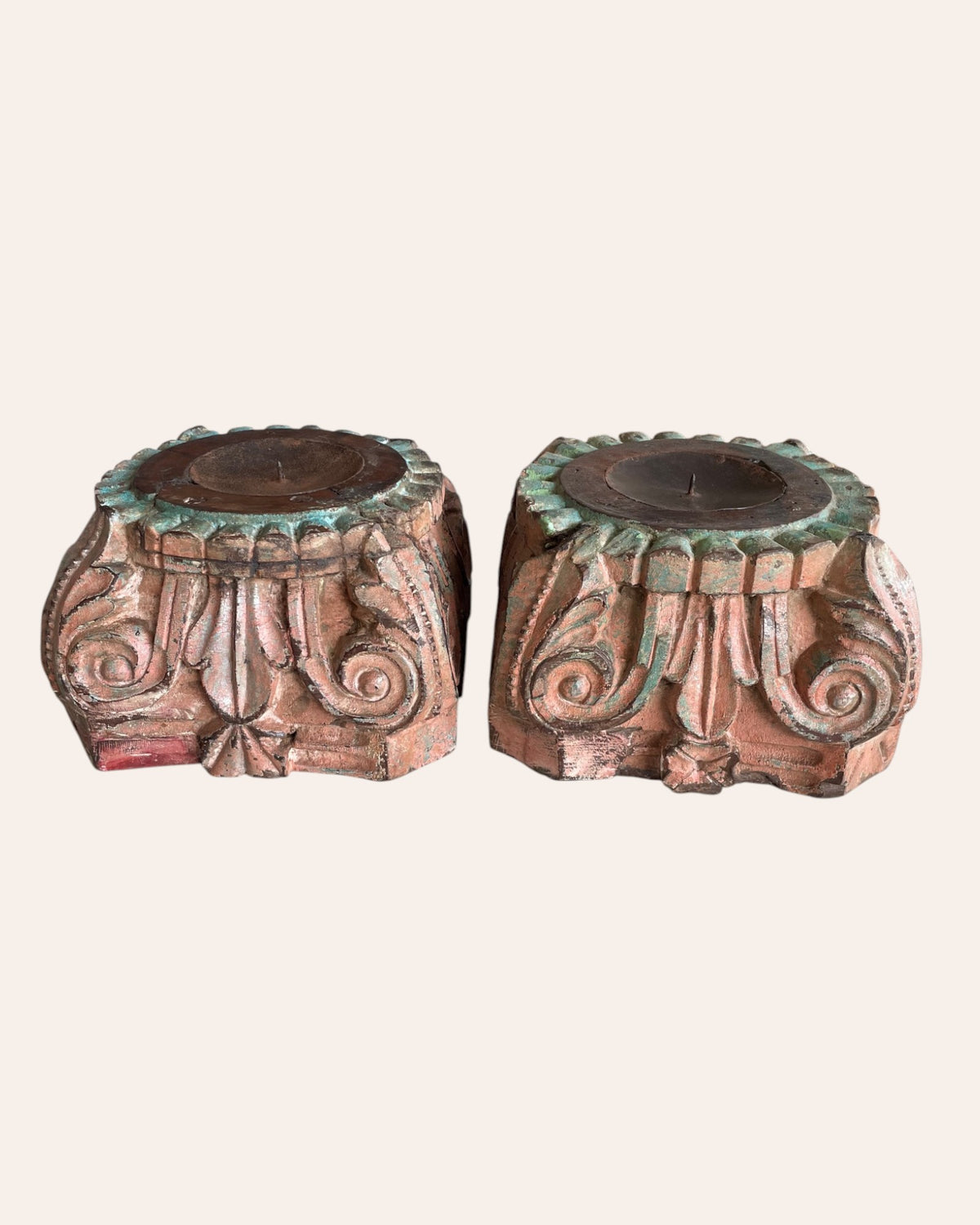 vintage hand-carved wooden pillar base candle holders - set of 2 / distressed peach & turquoise patina finish