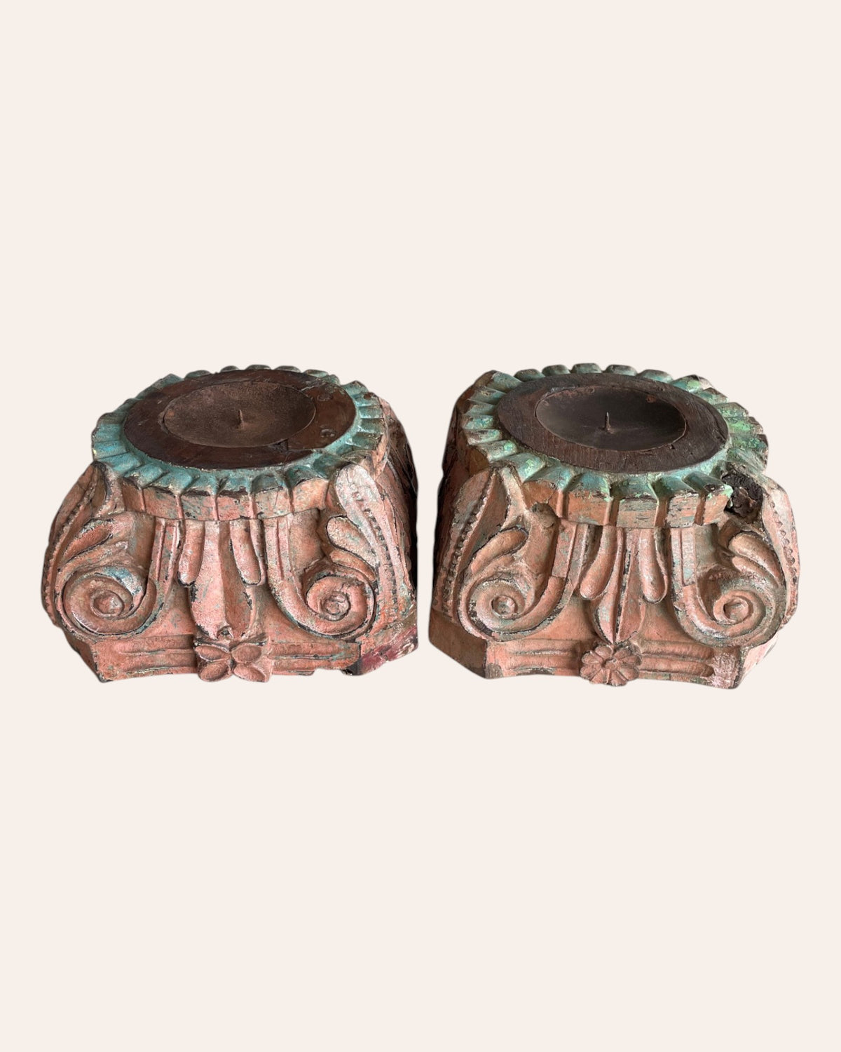vintage hand-carved wooden pillar base candle holders - set of 2 / distressed peach & turquoise patina finish