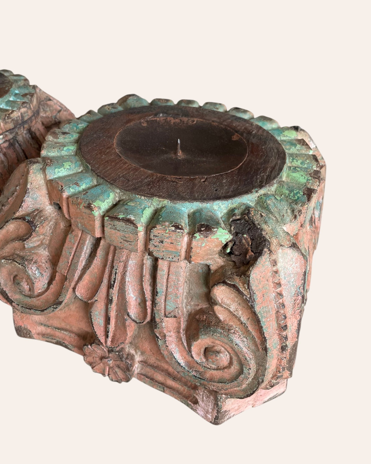 vintage hand-carved wooden pillar base candle holders - set of 2 / distressed peach & turquoise patina finish