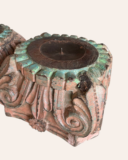Vintage Hand-Carved Wooden Pillar Base Candle Holders - Set of 2 / Distressed Peach & Turquoise Patina Finish
