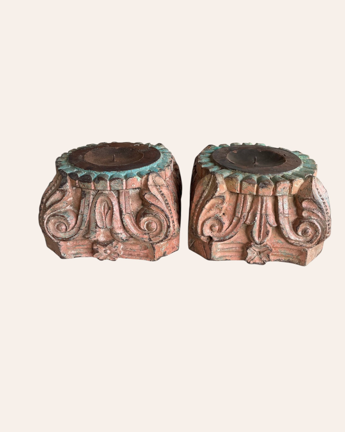 vintage hand-carved wooden pillar base candle holders - set of 2 / distressed peach & turquoise patina finish