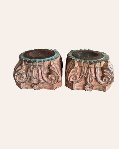 Vintage Hand-Carved Wooden Pillar Base Candle Holders - Set of 2 / Distressed Peach & Turquoise Patina Finish
