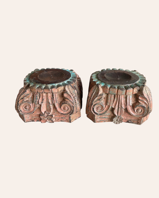 Vintage Hand-Carved Wooden Pillar Base Candle Holders - Set of 2 / Distressed Peach & Turquoise Patina Finish