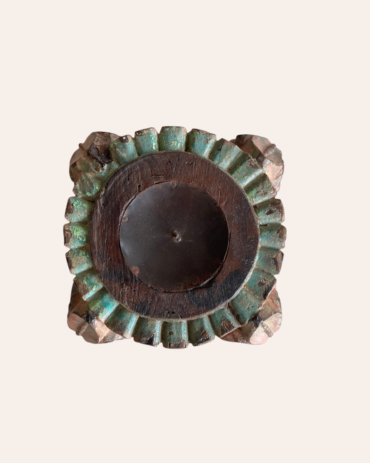 vintage hand-carved wooden pillar base candle holders - set of 2 / distressed peach & turquoise patina finish