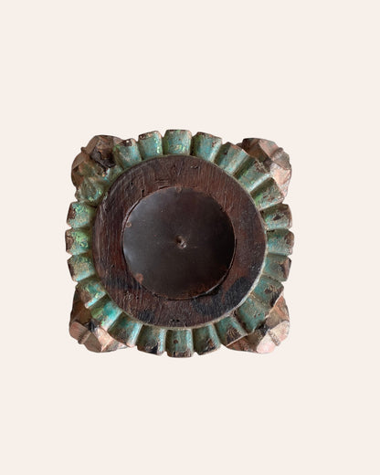 Vintage Hand-Carved Wooden Pillar Base Candle Holders - Set of 2 / Distressed Peach & Turquoise Patina Finish