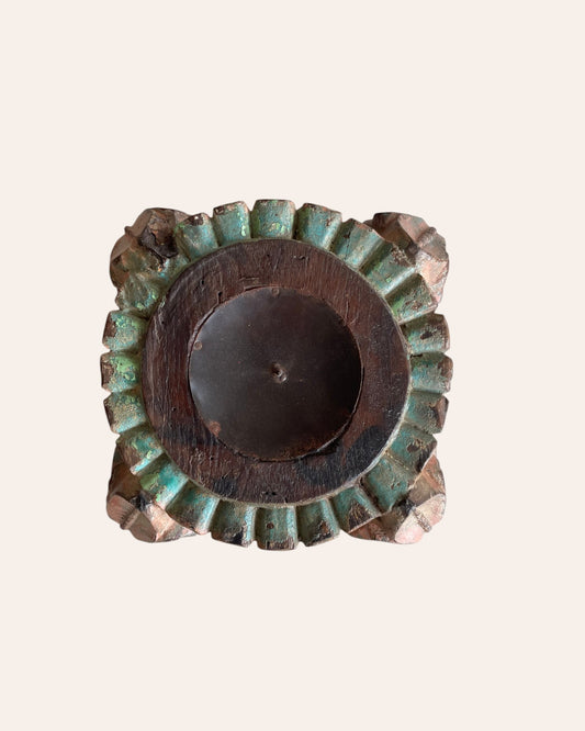 Vintage Hand-Carved Wooden Pillar Base Candle Holders - Set of 2 / Distressed Peach & Turquoise Patina Finish