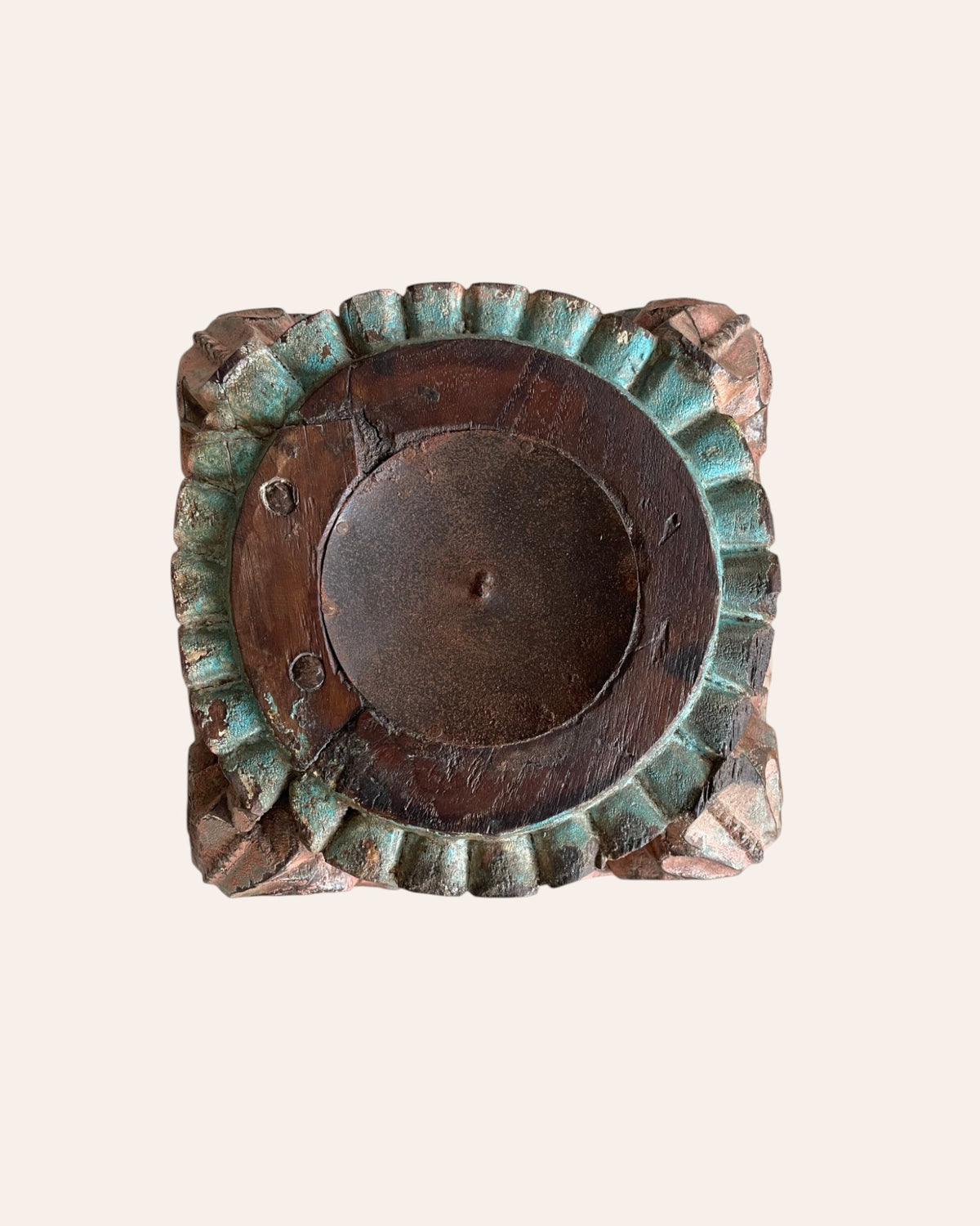 vintage hand-carved wooden pillar base candle holders - set of 2 / distressed peach & turquoise patina finish