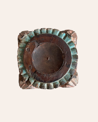 Vintage Hand-Carved Wooden Pillar Base Candle Holders - Set of 2 / Distressed Peach & Turquoise Patina Finish