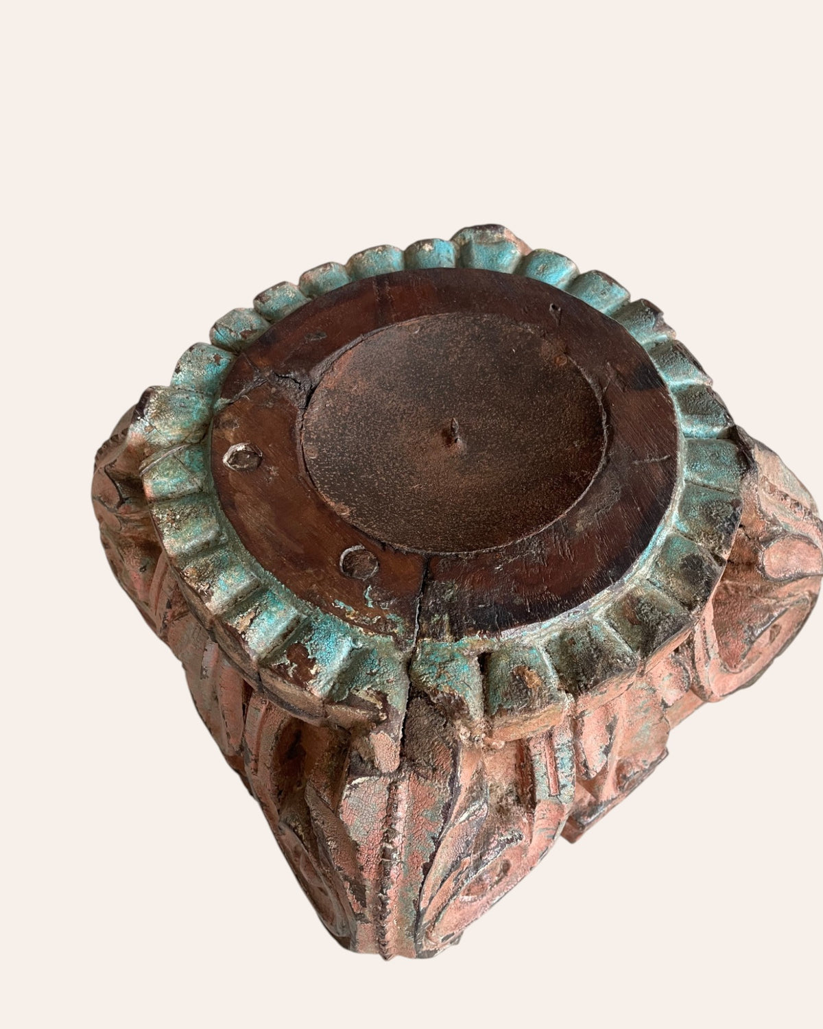 vintage hand-carved wooden pillar base candle holders - set of 2 / distressed peach & turquoise patina finish