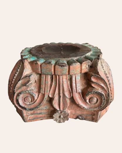 Vintage Hand-Carved Wooden Pillar Base Candle Holders - Set of 2 / Distressed Peach & Turquoise Patina Finish