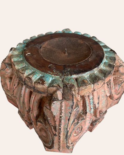 Vintage Hand-Carved Wooden Pillar Base Candle Holders - Set of 2 / Distressed Peach & Turquoise Patina Finish