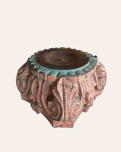 Vintage Hand-Carved Wooden Pillar Base Candle Holders - Set of 2 / Distressed Peach & Turquoise Patina Finish