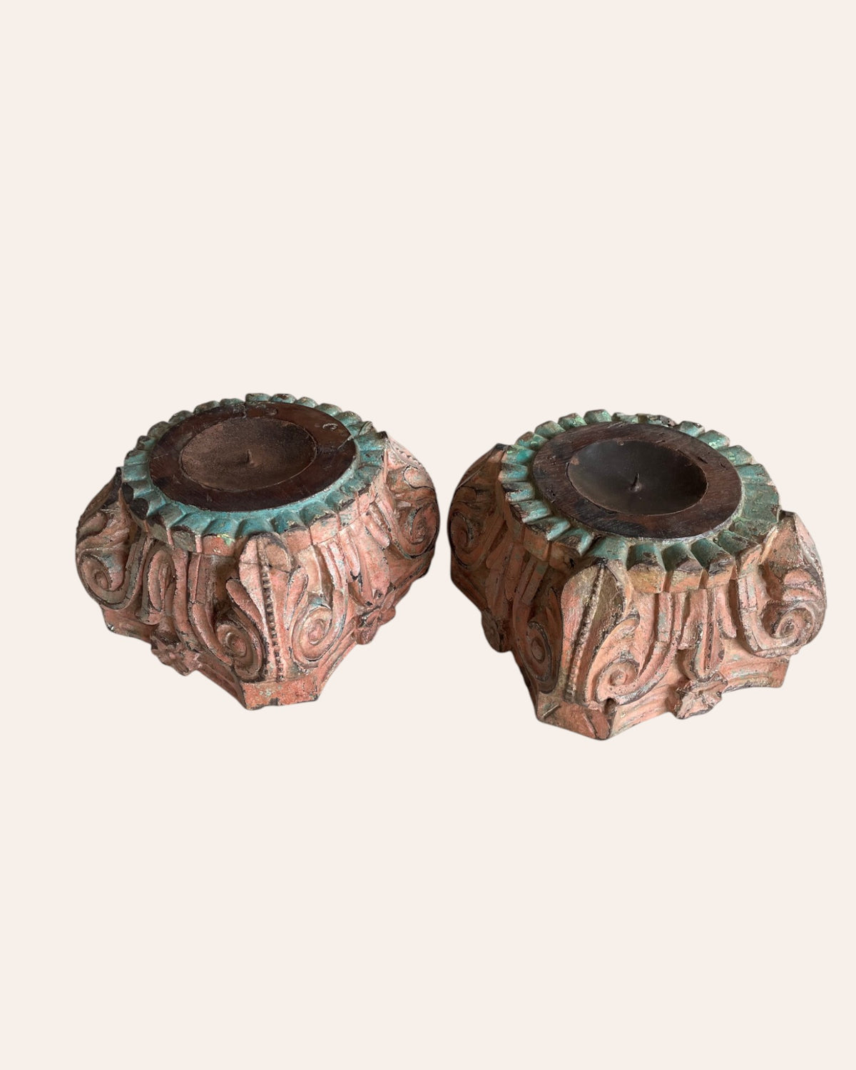 vintage hand-carved wooden pillar base candle holders - set of 2 / distressed peach & turquoise patina finish
