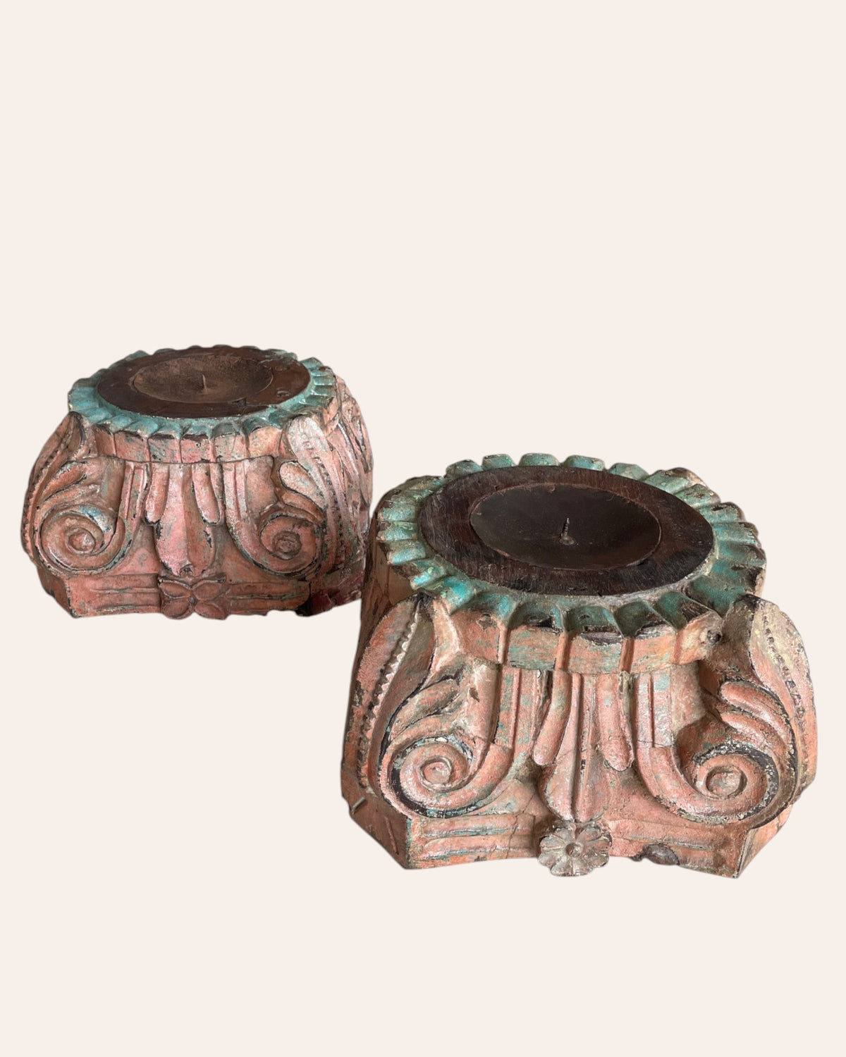 vintage hand-carved wooden pillar base candle holders - set of 2 / distressed peach & turquoise patina finish