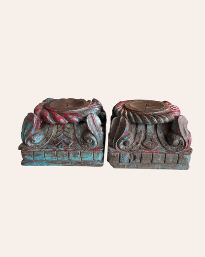 Vintage Distressed Carved Wooden Pillar Base Candle Holders - Set of 2 / Distressed Turquoise Blue & Red Patina Finish