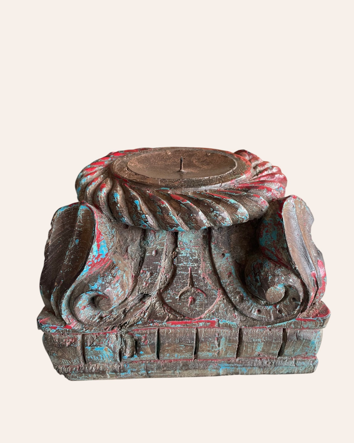 vintage distressed carved wooden pillar base candle holders - set of 2 / distressed turquoise blue & red patina finish