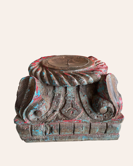 Vintage Distressed Carved Wooden Pillar Base Candle Holders - Set of 2 / Distressed Turquoise Blue & Red Patina Finish